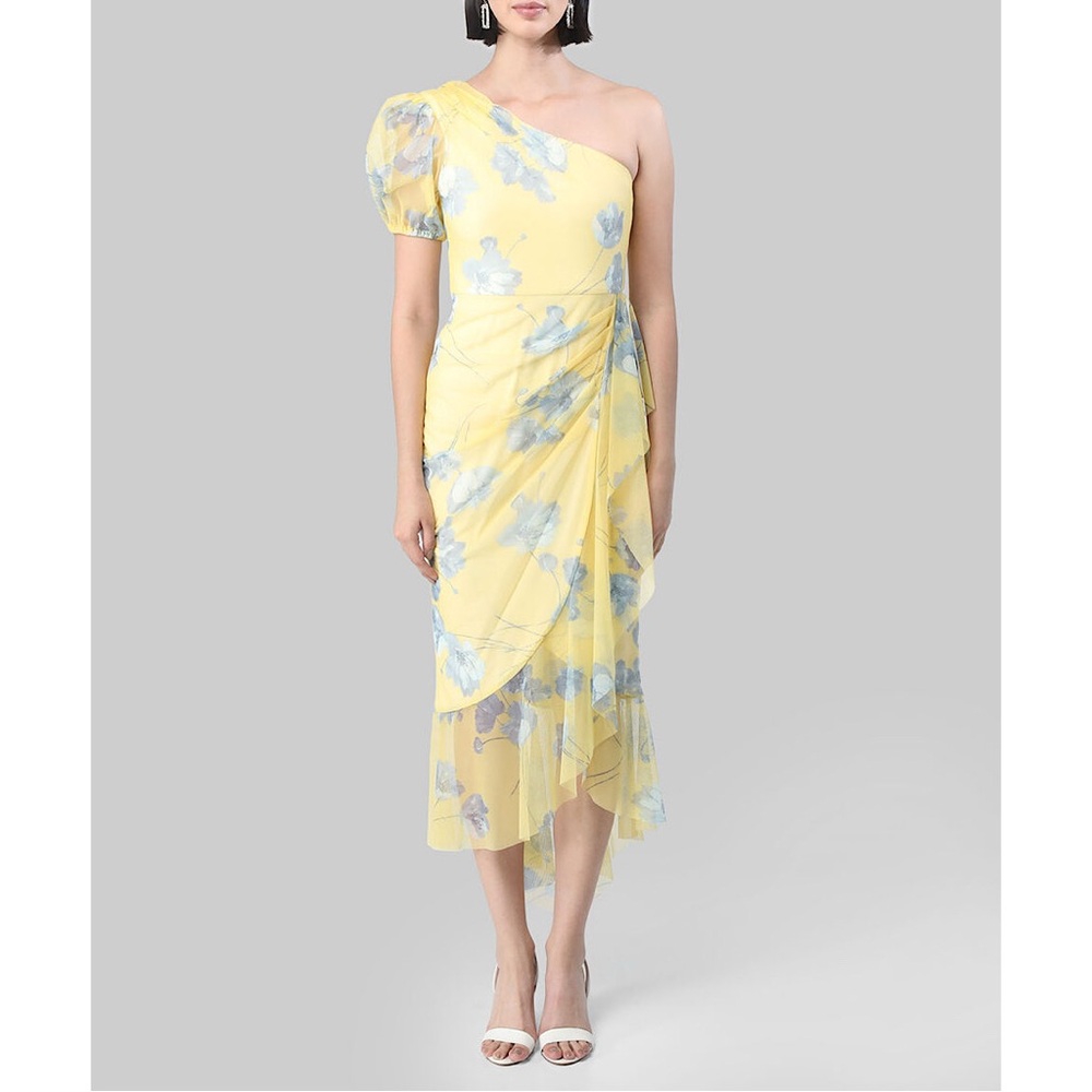 BCBGMaxAzria Yellow One-Shoulder Floral Midi with Blue Blossoms